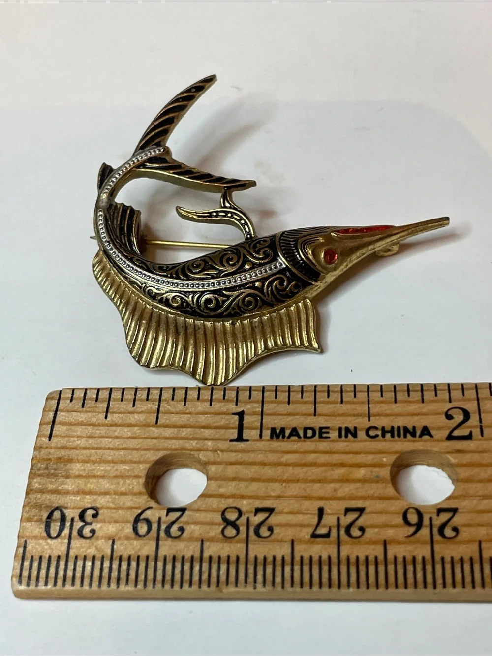 Vintage Two Damascene Brooches from Spain Swordfish & Fan